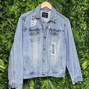 ENDLESS LOVE Jacket Women Medium‎ Blue Denim Studded Accent Jeans Trucker 2282